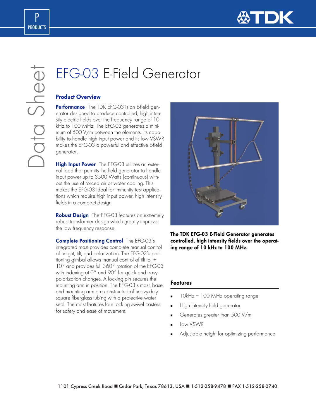 TDK EFG-03 manual Data, Product Overview, Features 