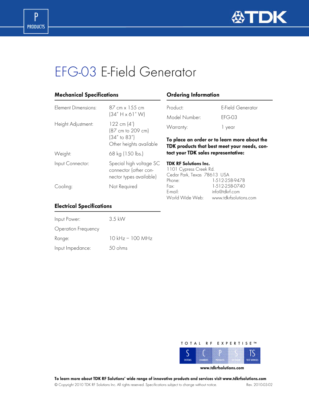 TDK EFG-03 manual Mechanical Specifications Ordering Information, Electrical Specifications 