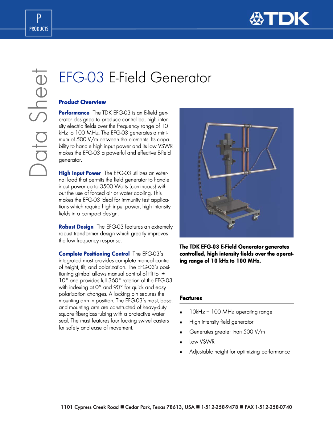 TDK manual EFG-03 E-FieldGenerator, Features, Data, Sheet, Product Overview, Products 