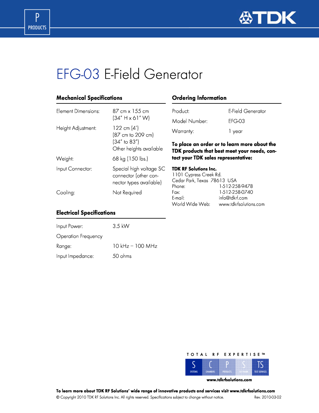 TDK manual Mechanical Specifications, Ordering Information, Electrical Specifications, EFG-03 E-FieldGenerator 