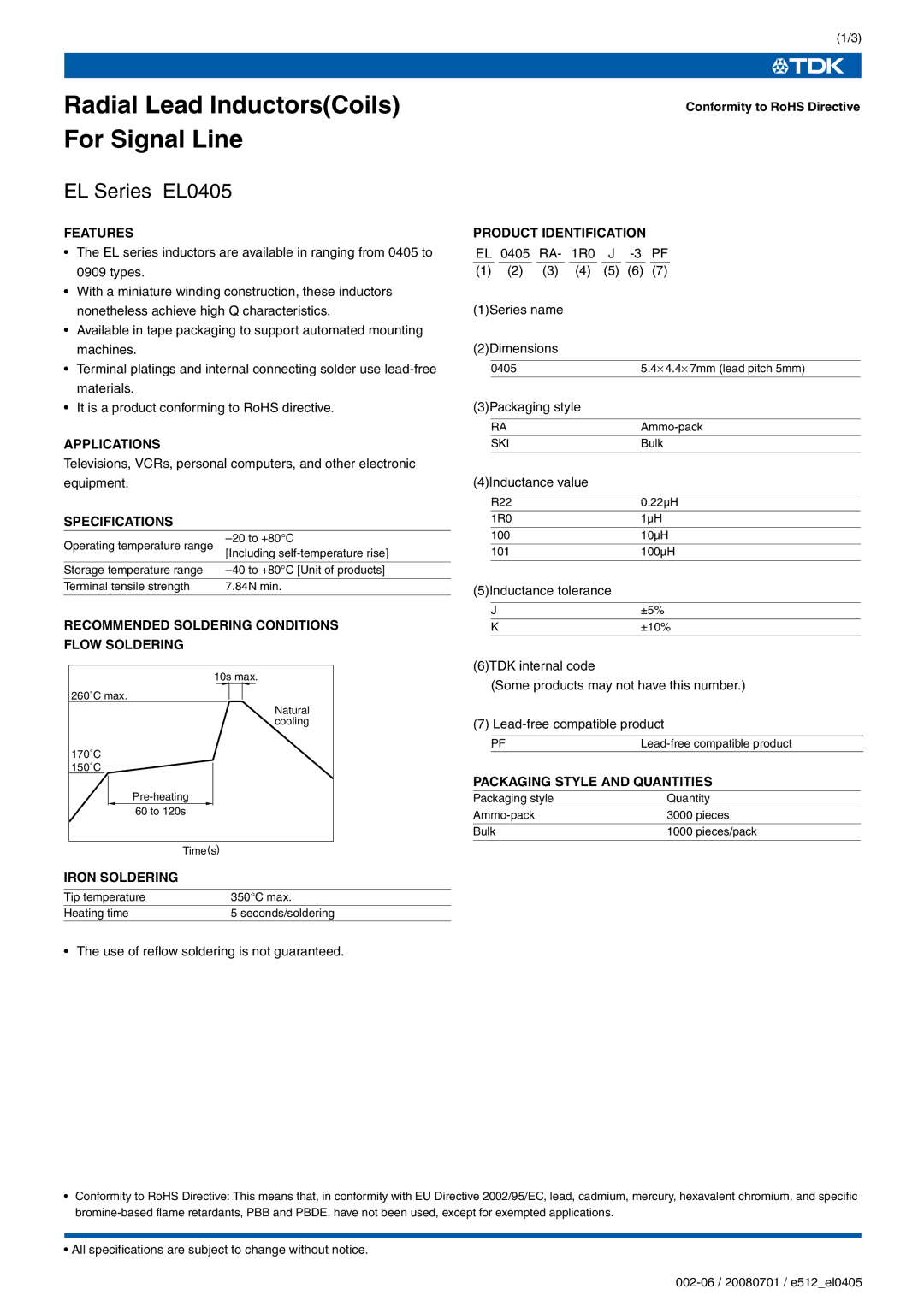 TDK EL Series EL0405 specifications Features, Applications, Product Identification, Specifications, Iron Soldering 