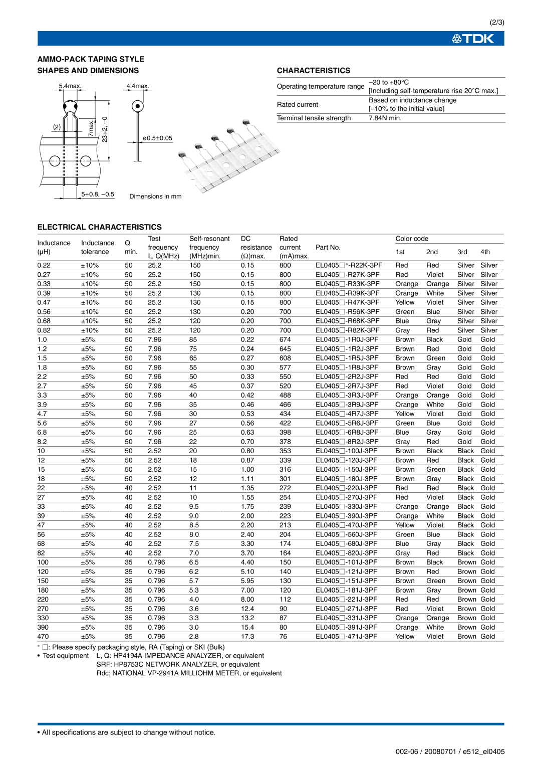 TDK EL Series EL0405 specifications AMMO-PACK Taping Style Shapes and Dimensions, Electrical Characteristics 