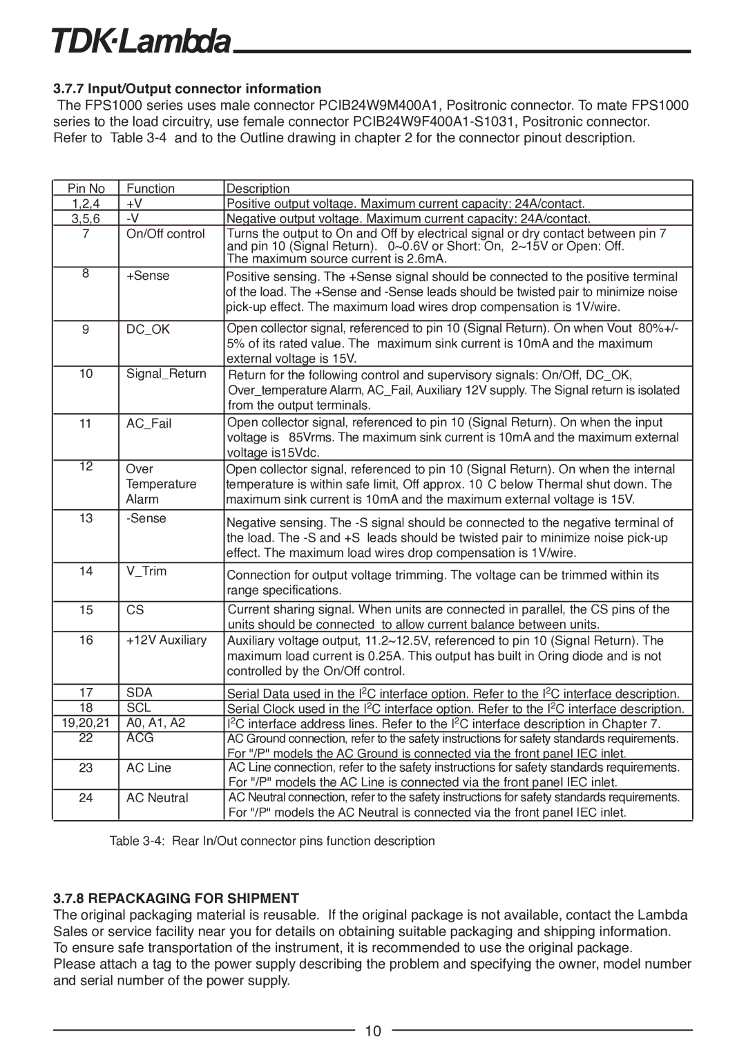 TDK FPS1000-12, FPS-T1U, FPS-S1U, FPS1000-48, FPS1000-32 manual Input/Output connector information, Repackaging for Shipment 