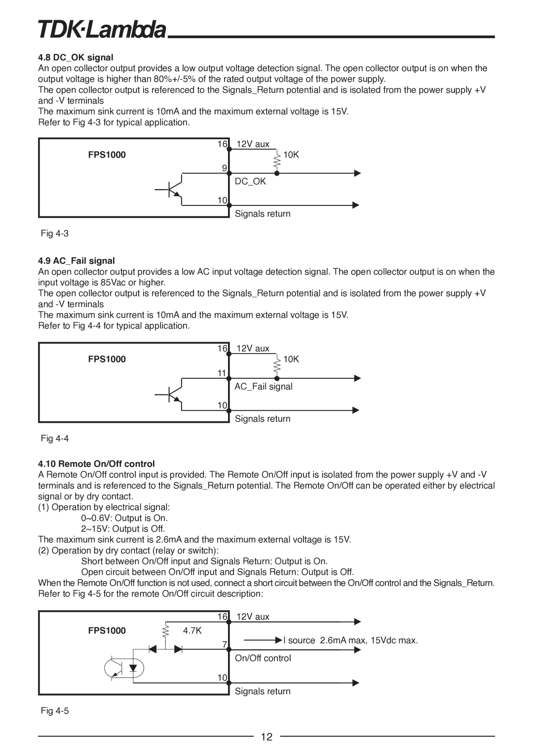 TDK FPS1000-48, FPS-T1U, FPS1000-12, FPS-S1U, FPS1000-32 manual Dcok signal, ACFail signal, Remote On/Off control, FPS10004.7KΩ 