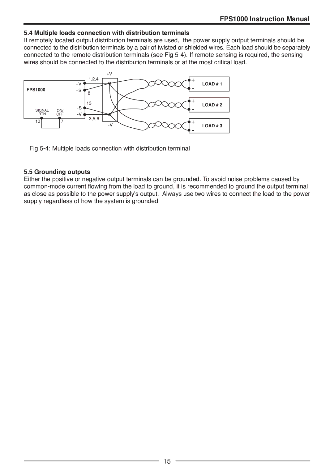 TDK FPS-T1U, FPS1000-12, FPS-S1U, FPS1000-48 manual Multiple loads connection with distribution terminals, Grounding outputs 