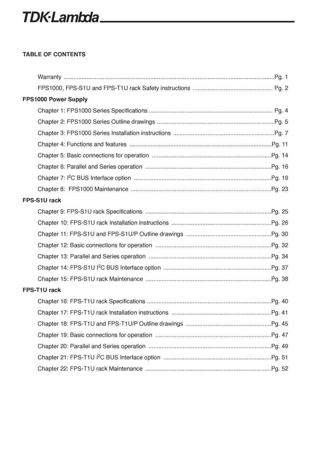 TDK FPS1000-48, FPS-T1U, FPS1000-12, FPS-S1U, FPS1000-32, FPS1000-24 manual Table of Contents 