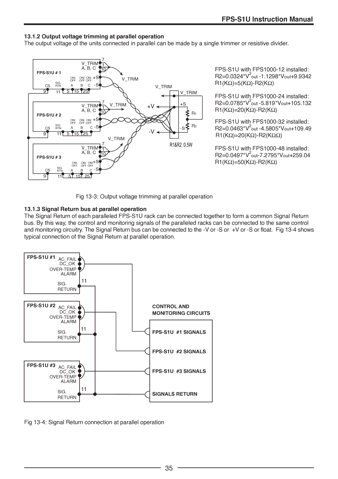 TDK FPS-S1U, FPS-T1U, FPS1000-12 Output voltage trimming at parallel operation, Signal Return bus at parallel operation 