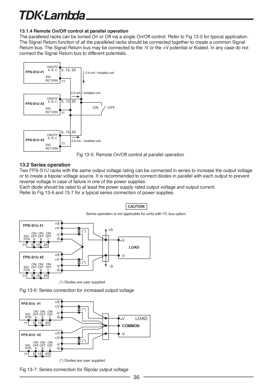 TDK FPS1000-48, FPS-T1U, FPS1000-12, FPS-S1U, FPS1000-32 manual Series operation, Remote On/Off control at parallel operation 