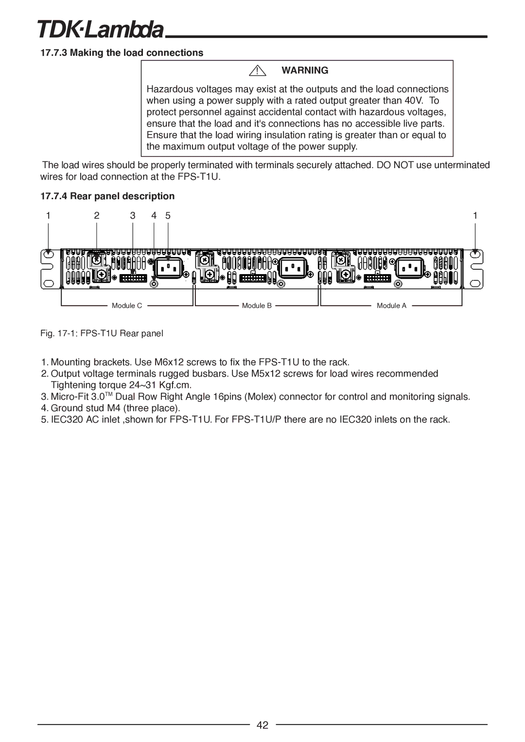 TDK FPS1000-48, FPS1000-12, FPS-S1U, FPS1000-32, FPS1000-24 manual FPS-T1U Rear panel 