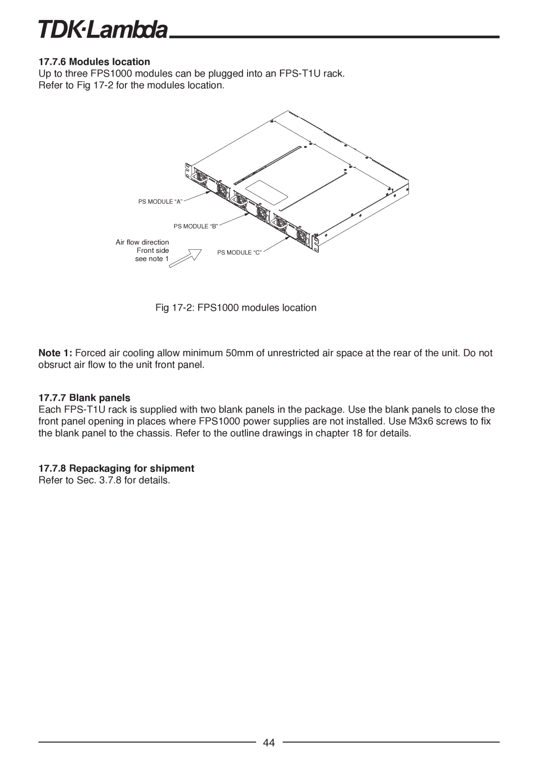 TDK FPS1000-24, FPS-T1U, FPS1000-12, FPS-S1U, FPS1000-48, FPS1000-32 manual Modules location 