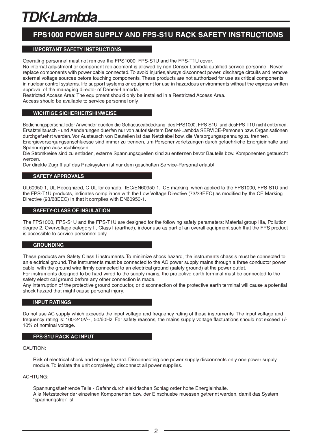TDK FPS1000-24, FPS-T1U, FPS1000-12, FPS1000-48, FPS1000-32 manual FPS1000 Power Supply and FPS-S1U Rack Safety Instructions 