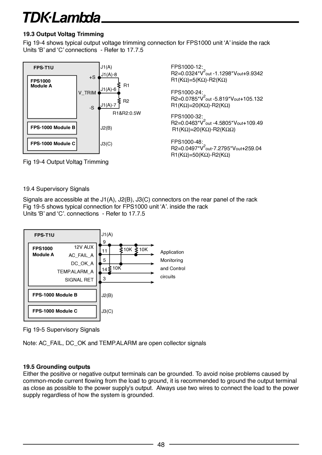 TDK FPS1000-48, FPS-T1U, FPS1000-12, FPS-S1U, FPS1000-32, FPS1000-24 manual Output Voltag Trimming, Grounding outputs 
