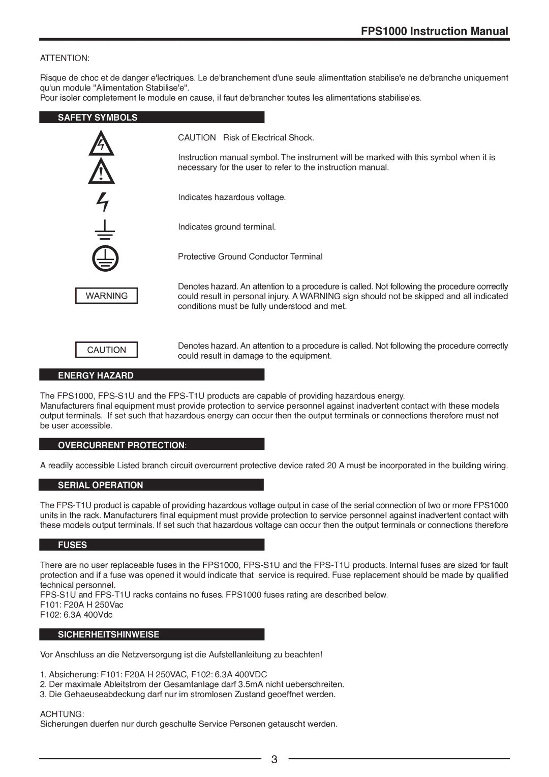 TDK FPS-T1U, FPS1000-12, FPS-S1U, FPS1000-48, FPS1000-32, FPS1000-24 manual Safety Symbols 