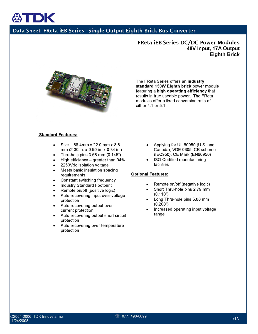 TDK FReta Series manual FReta iEB Series DC/DC Power Modules, 48V Input, 17A Output Eighth Brick 