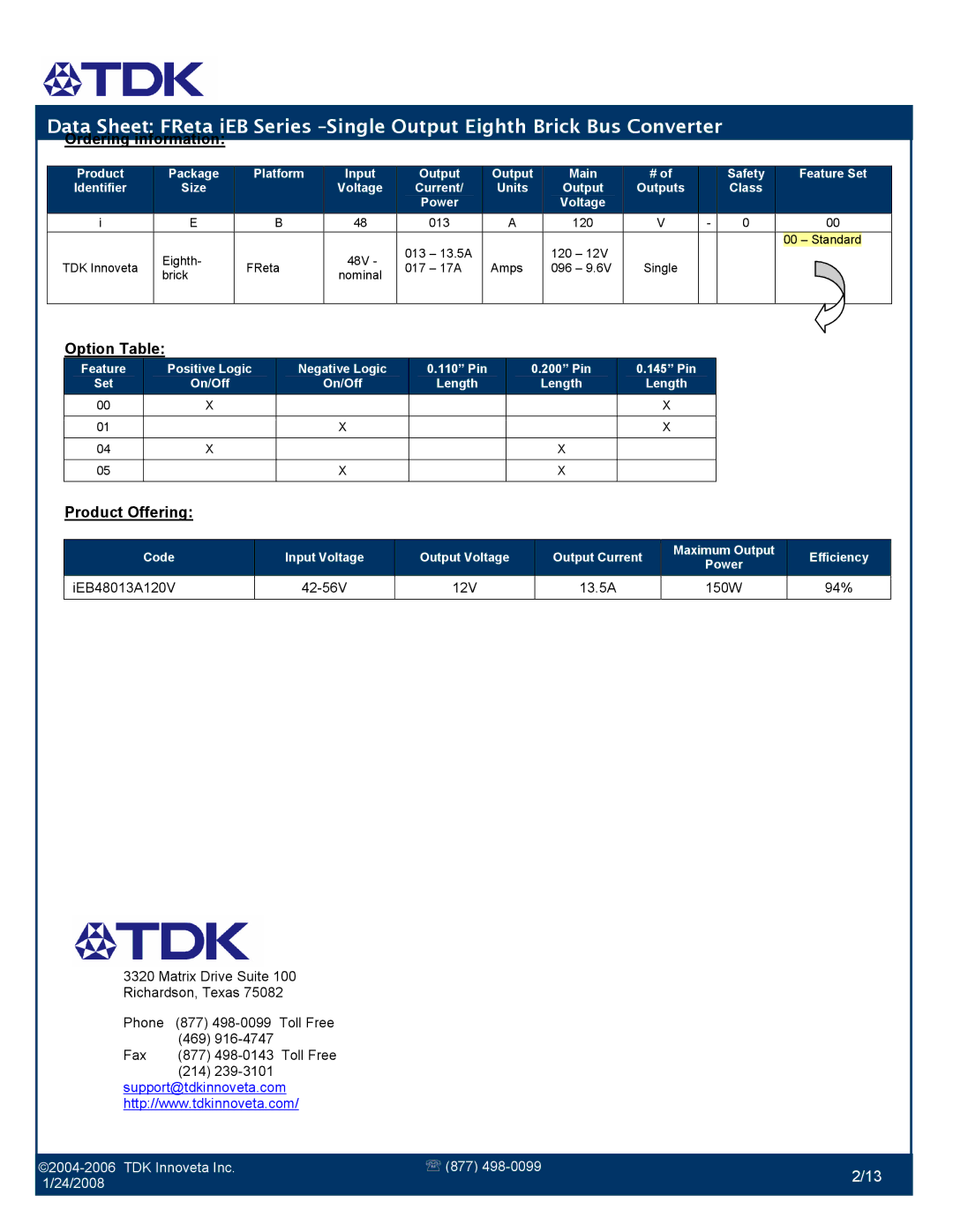 TDK FReta Series manual Option Table 