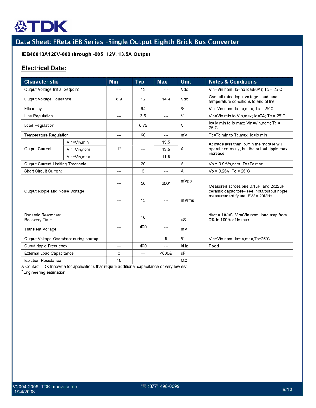 TDK FReta Series manual Electrical Data 