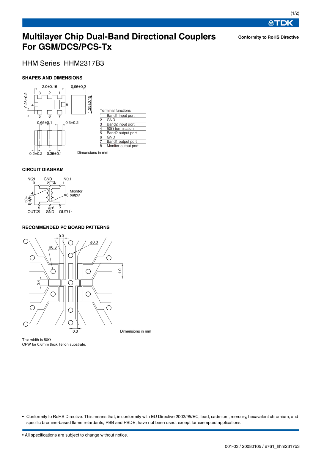 TDK HHM Series HHM2317B3 specifications Shapes and Dimensions, Circuit Diagram, Recommended PC Board Patterns 