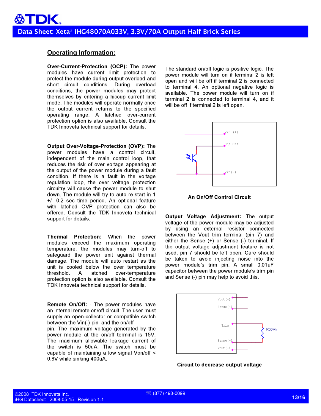 TDK Half Brick-iHG specifications Operating Information 