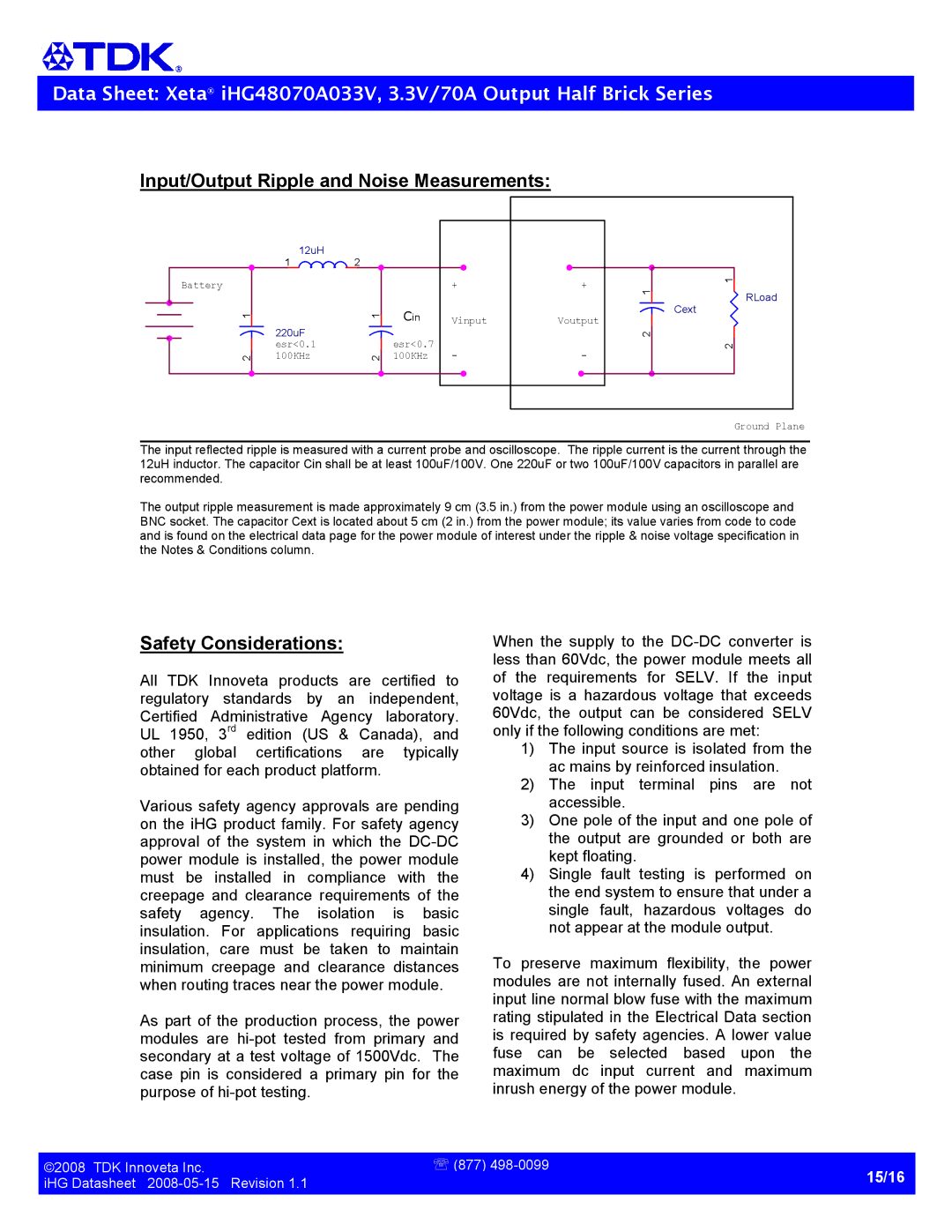 TDK Half Brick-iHG specifications Input/Output Ripple and Noise Measurements, Safety Considerations 