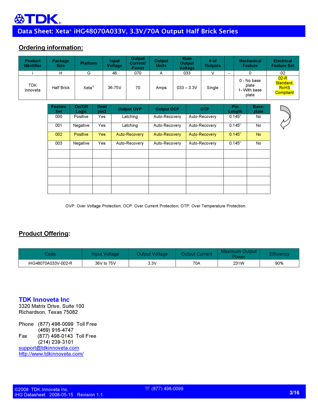 TDK Half Brick-iHG specifications Ordering information, Product Offering 