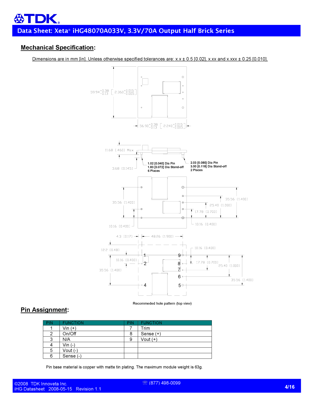 TDK Half Brick-iHG specifications Mechanical Specification, Pin Assignment 