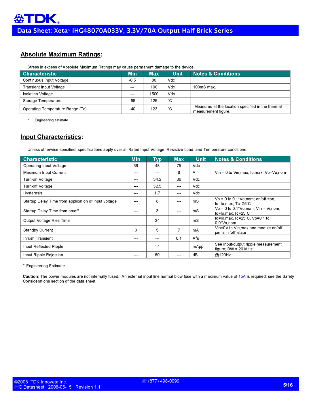 TDK Half Brick-iHG specifications Absolute Maximum Ratings, Input Characteristics 