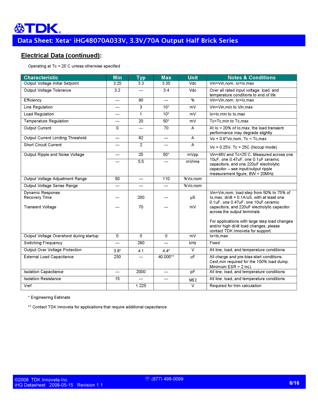 TDK Half Brick-iHG specifications Electrical Data 