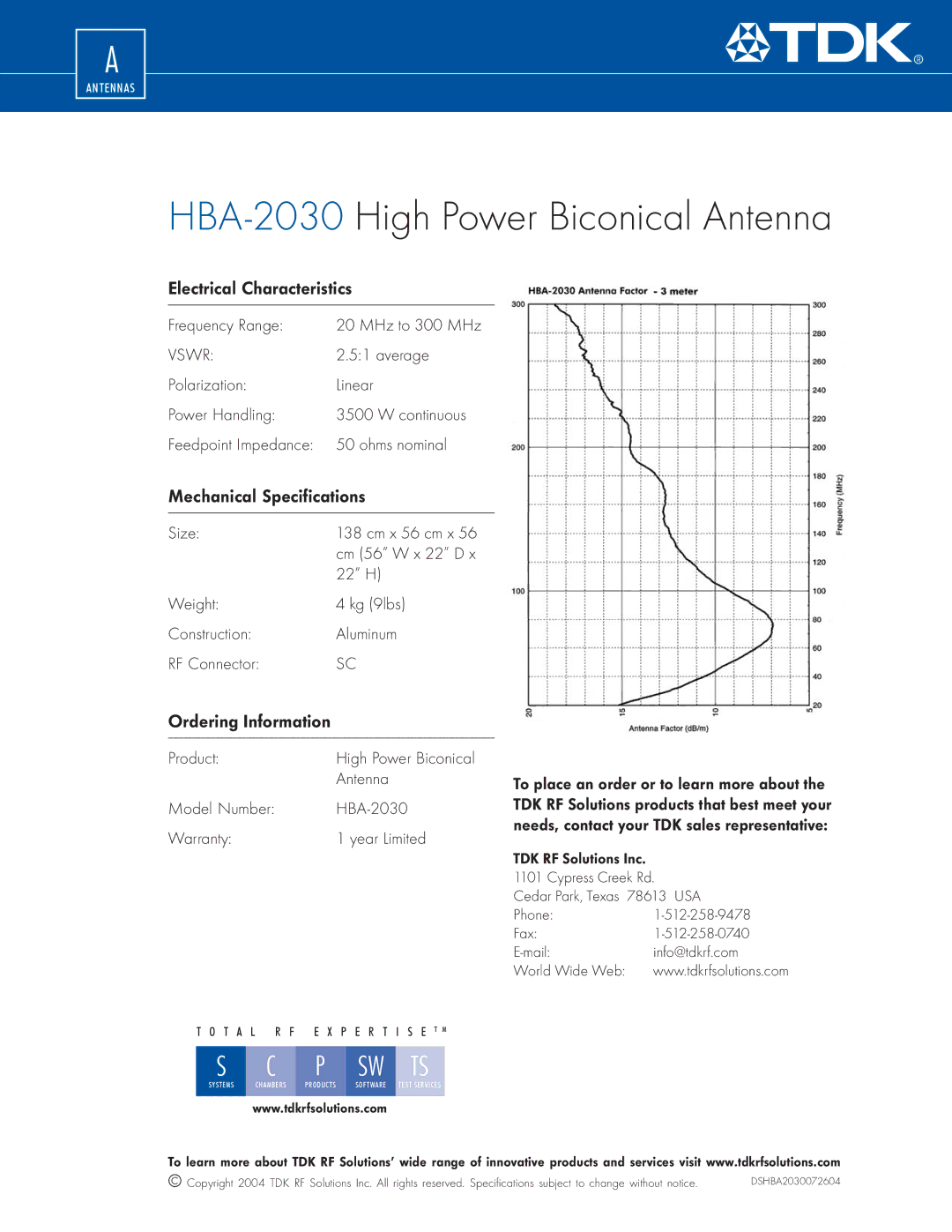 TDK HBA-2030 manual Electrical Characteristics, Mechanical Specifications, Ordering Information 