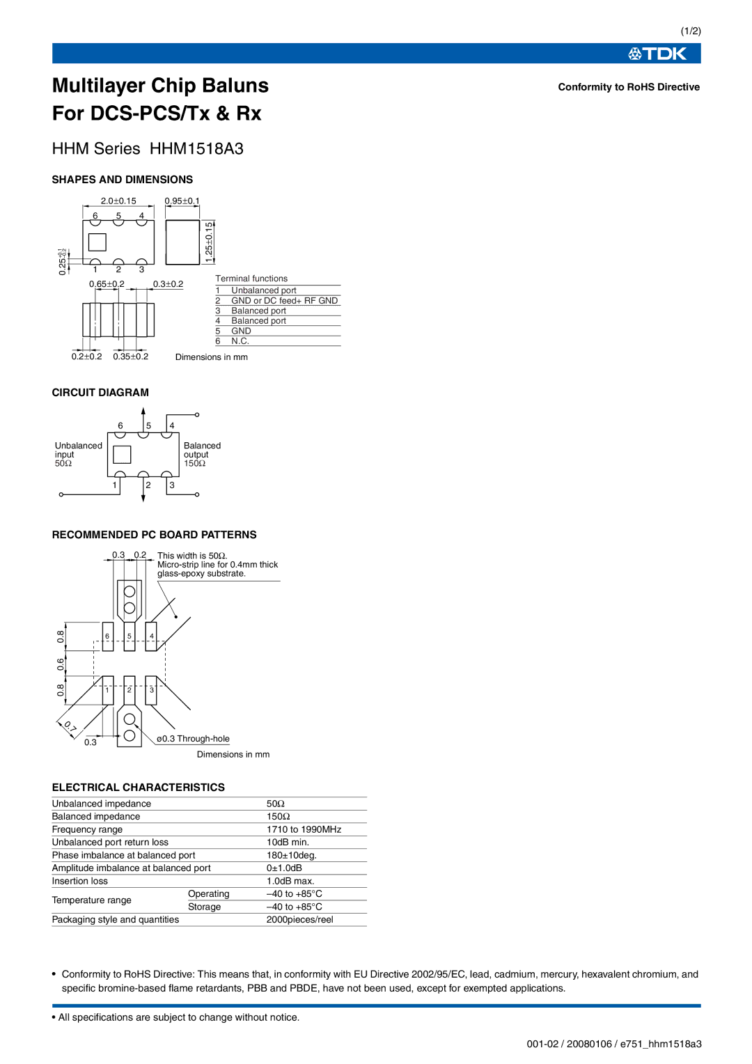 TDK HHM Series HHM1518A3 specifications Shapes and Dimensions, Circuit Diagram, Recommended PC Board Patterns 