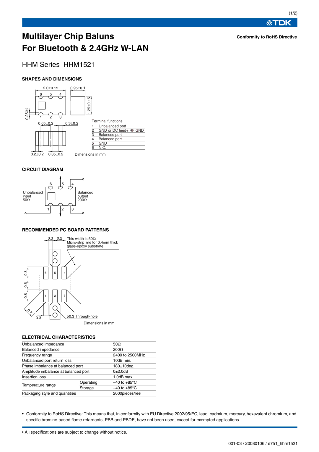 TDK HHM Series HHM1521 specifications Multilayer Chip Baluns For Bluetooth & 2.4GHz W-LAN 