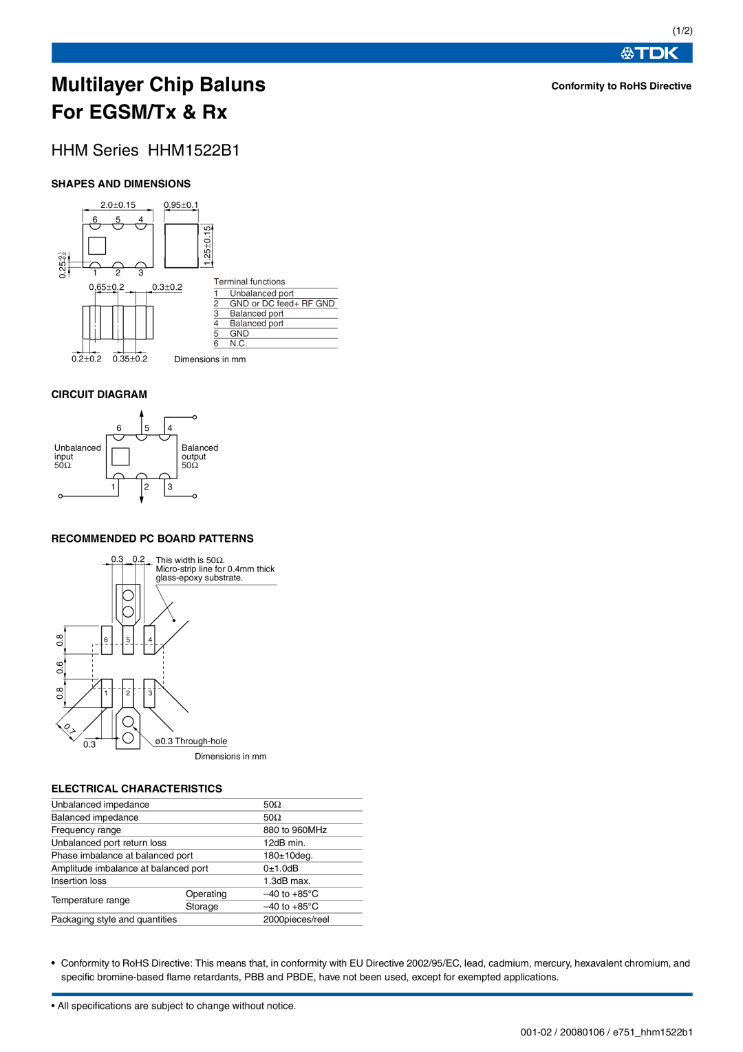 TDK HHM Series HHM1522B1 specifications Multilayer Chip Baluns For EGSM/Tx & Rx 