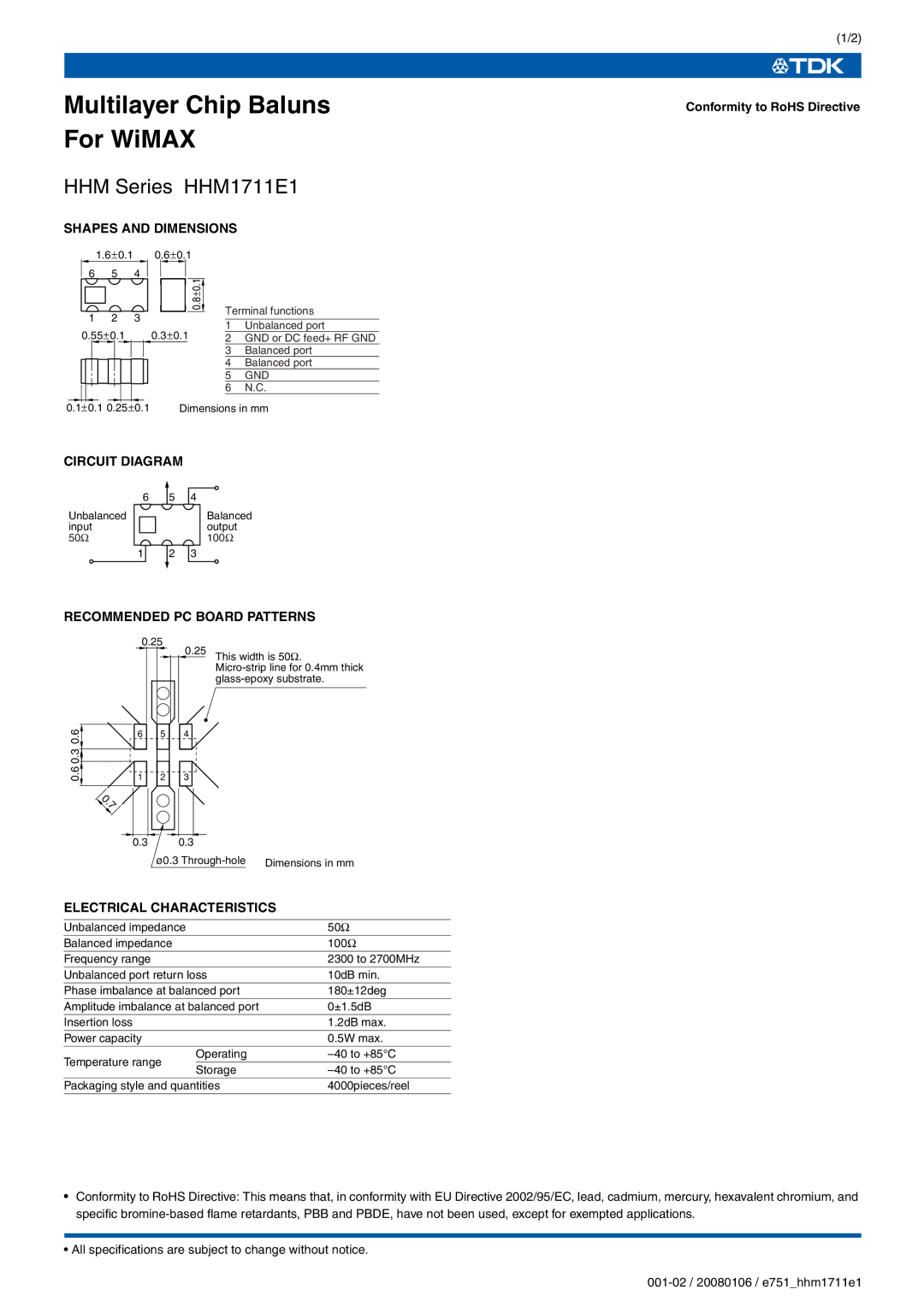 TDK HHM Series HHM1711E1 specifications Shapes and Dimensions, Circuit Diagram, Recommended PC Board Patterns 