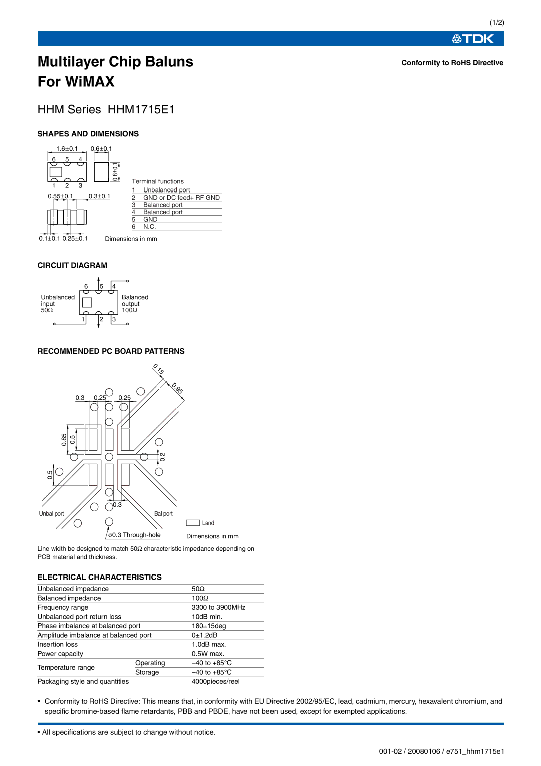 TDK HHM Series HHM1715E1 specifications Shapes and Dimensions, Circuit Diagram, Recommended PC Board Patterns 