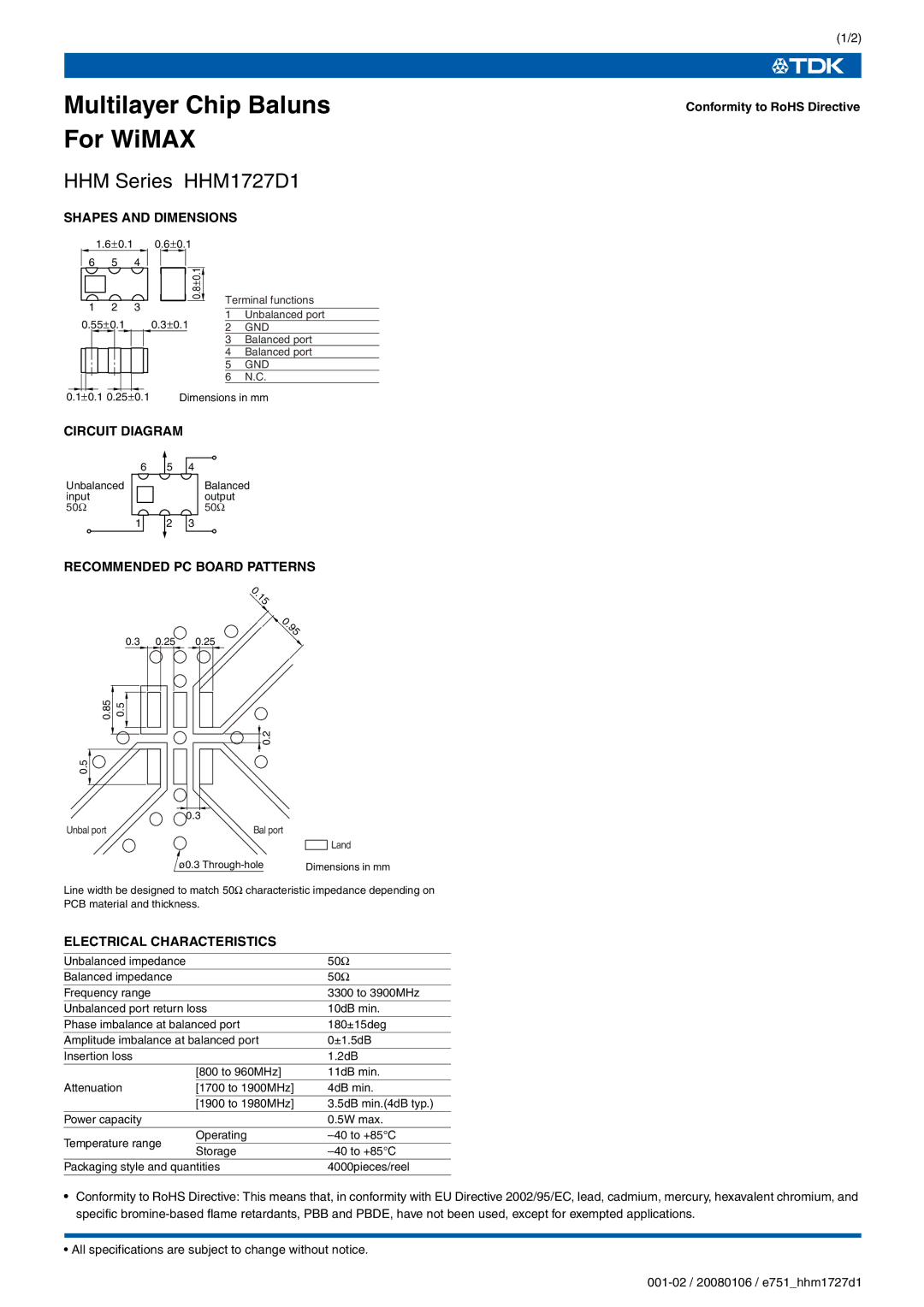 TDK HHM Series HHM1727D1 specifications Shapes and Dimensions, Circuit Diagram, Recommended PC Board Patterns 