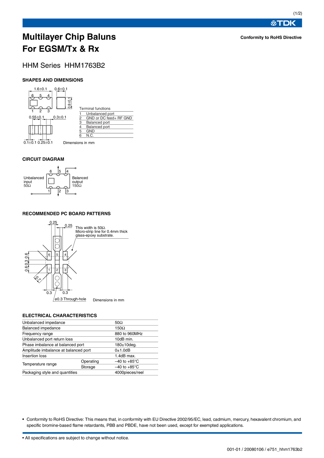 TDK HHM Series HHM1763B2 specifications Shapes and Dimensions, Circuit Diagram, Recommended PC Board Patterns 