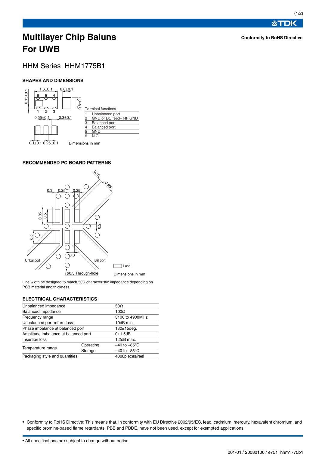 TDK HHM1775B1, HHM Series specifications Shapes and Dimensions, Recommended PC Board Patterns, Electrical Characteristics 