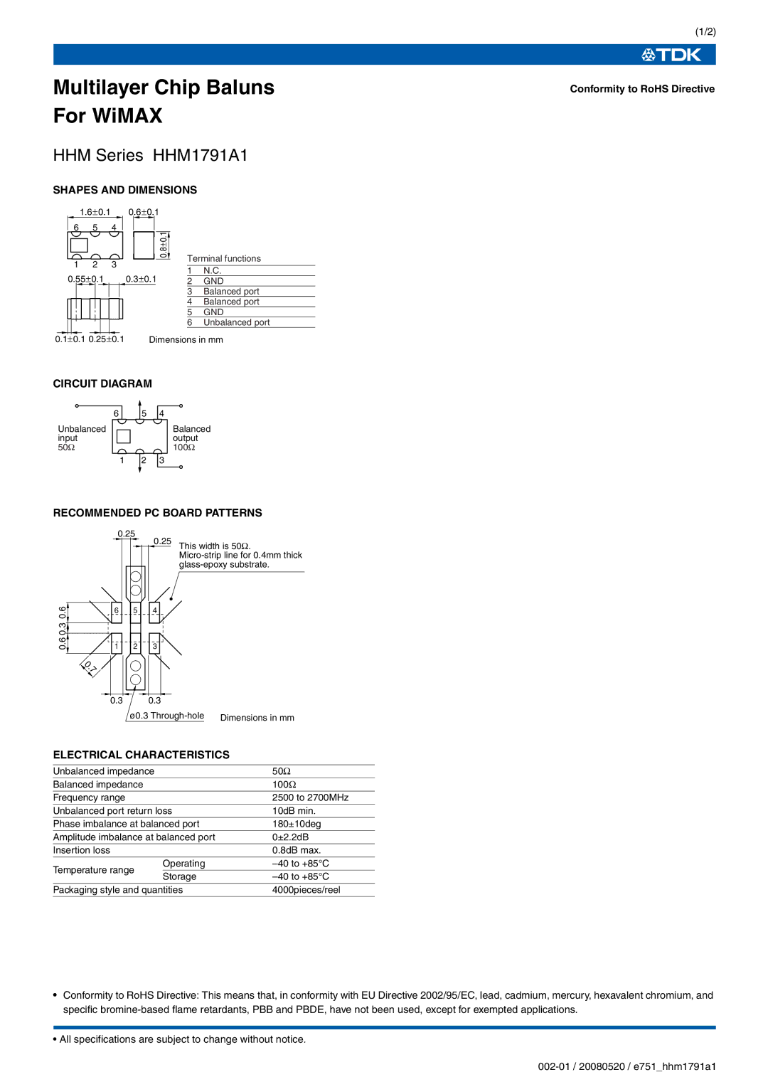 TDK HHM Series HHM1791A1 specifications Shapes and Dimensions, Circuit Diagram, Recommended PC Board Patterns 