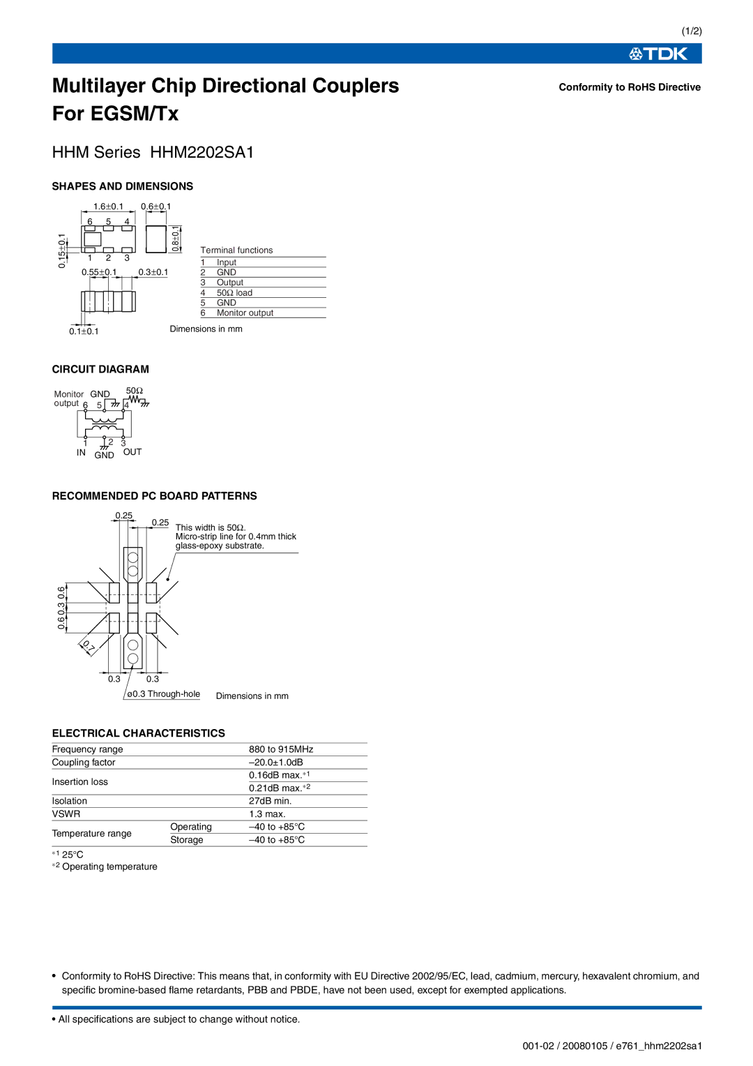 TDK HHM Series HHM2202SA1 specifications Multilayer Chip Directional Couplers For EGSM/Tx 