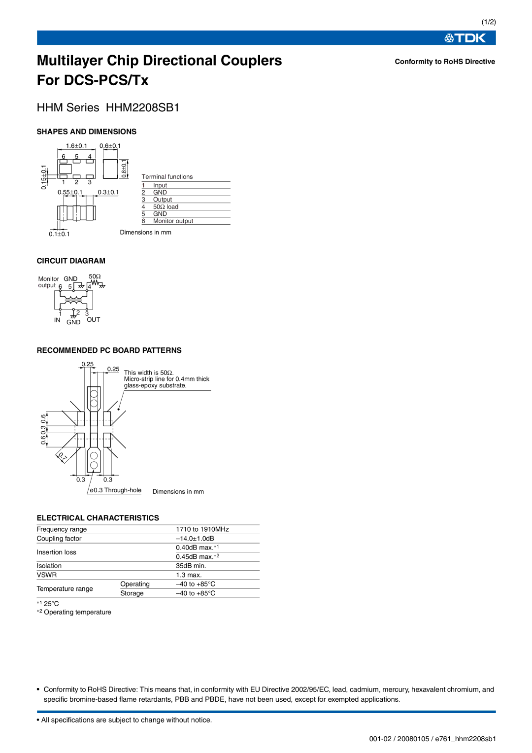 TDK HHM Series HHM2208SB1 specifications Shapes and Dimensions, Circuit Diagram, Recommended PC Board Patterns 