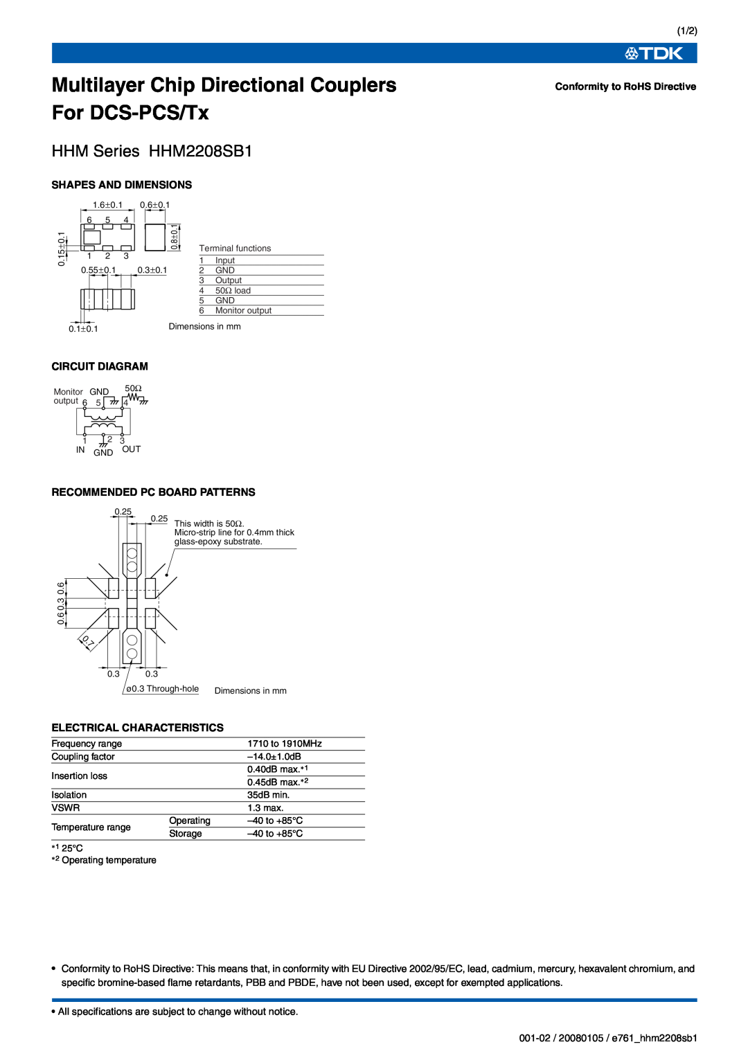 TDK HHM Series HHM2208SB1 specifications Shapes And Dimensions, Conformity to RoHS Directive, Circuit Diagram 