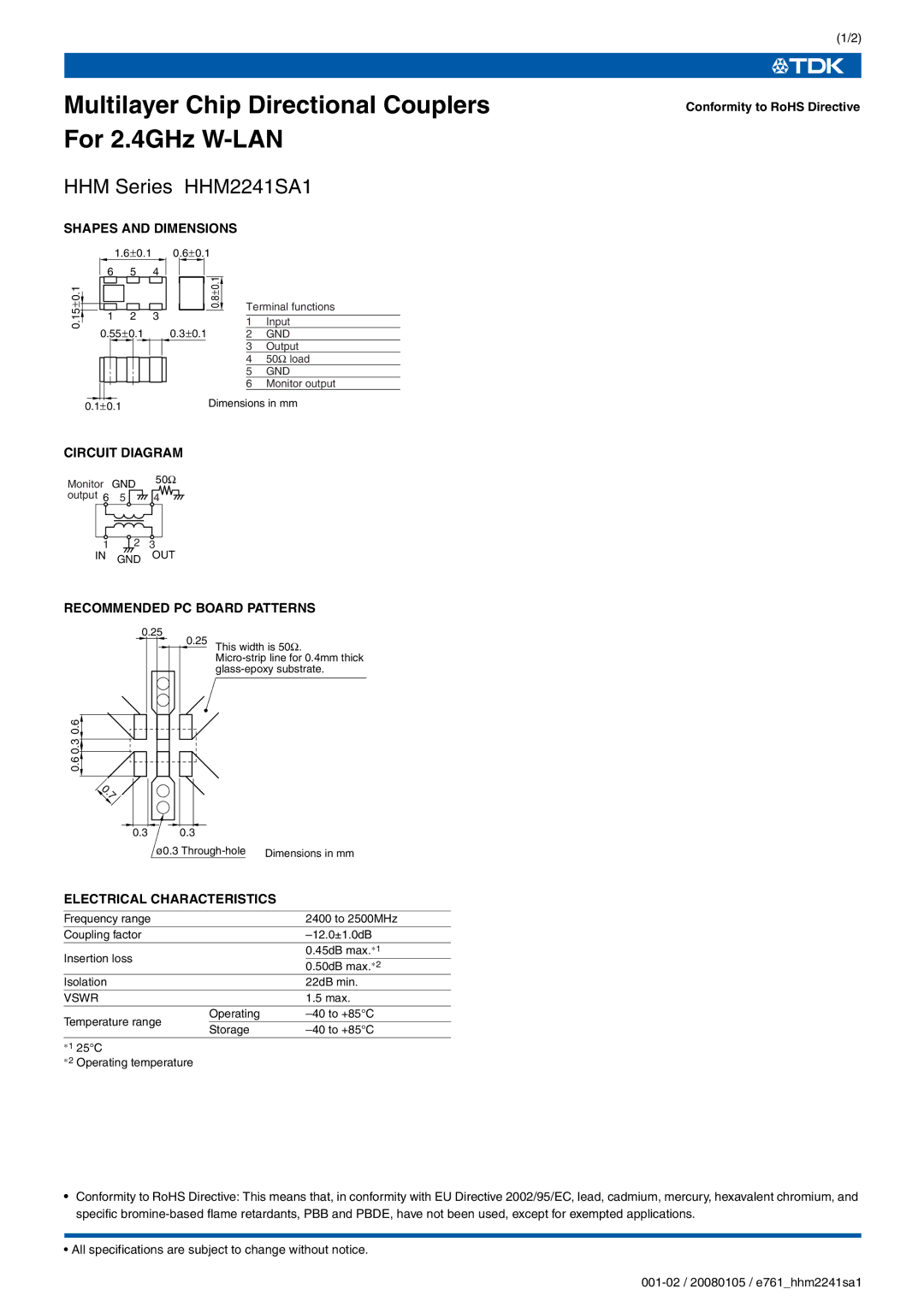 TDK HHM Series HHM2241SA1 specifications Multilayer Chip Directional Couplers For 2.4GHz W-LAN 