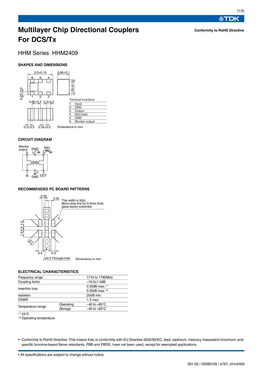 TDK HHM Series HHM2409 specifications Multilayer Chip Directional Couplers For DCS/Tx 