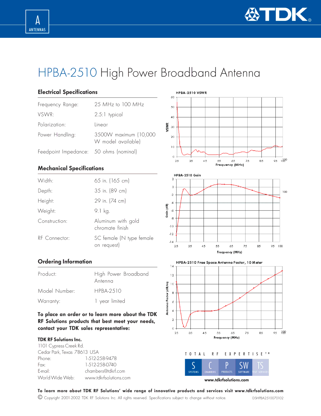 TDK HPBA-2510 specifications Electrical Specifications, Mechanical Specifications, Ordering Information 