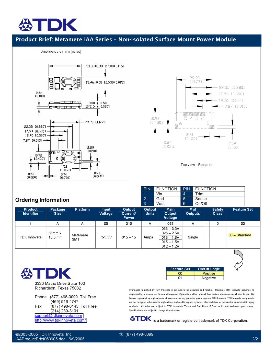 TDK iAA Series manual Ordering Information, PIN Function, Vin Trim Gnd Sense Vout On/Off, Feature Set On/Off Logic 