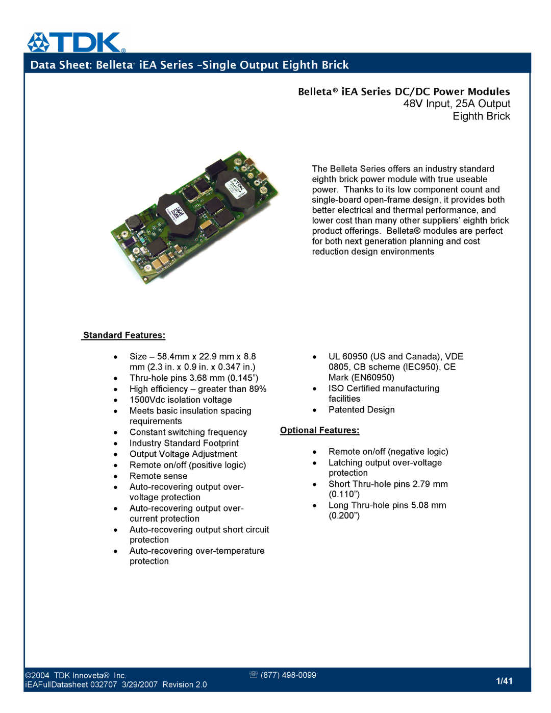 TDK manual Data Sheet Belleta iEA Series -Single Output Eighth Brick, 48V Input, 25A Output Eighth Brick 