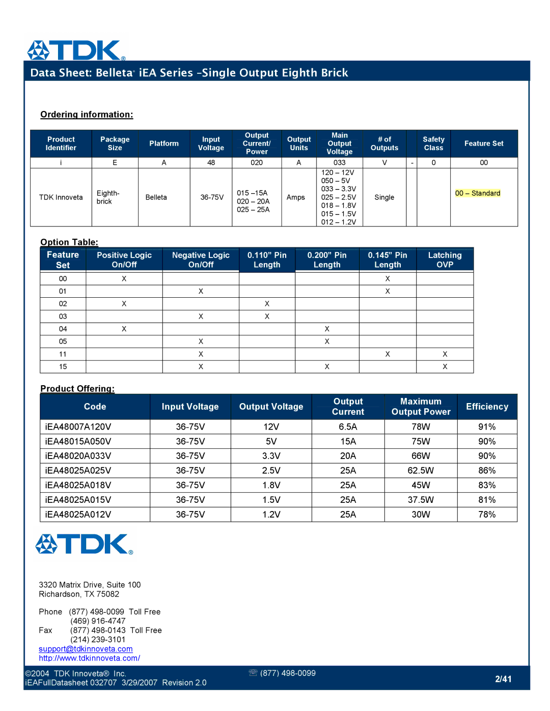 TDK iEA Series manual Option Table Feature 