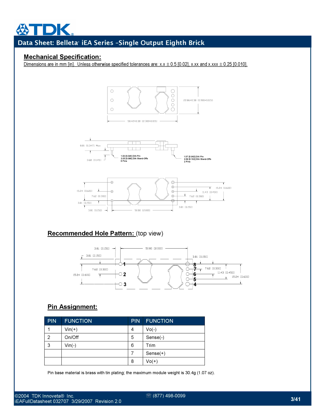 TDK iEA Series manual Mechanical Specification, Recommended Hole Pattern top view Pin Assignment 