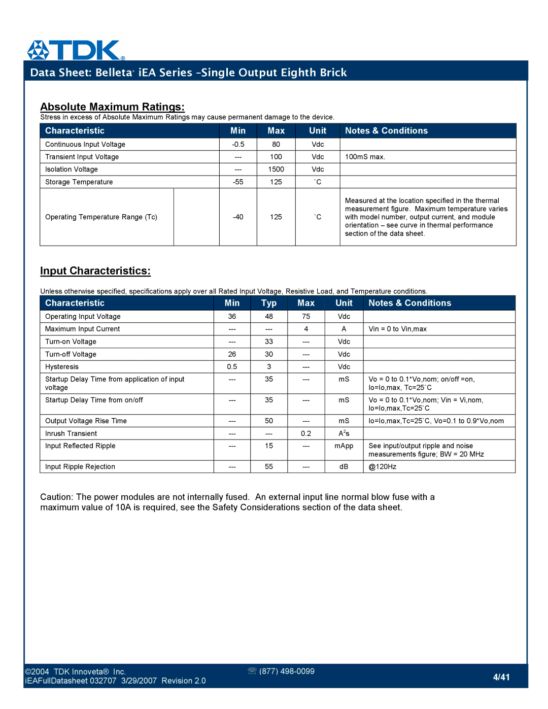 TDK iEA Series manual Input Characteristics, Characteristic Min Max Unit 