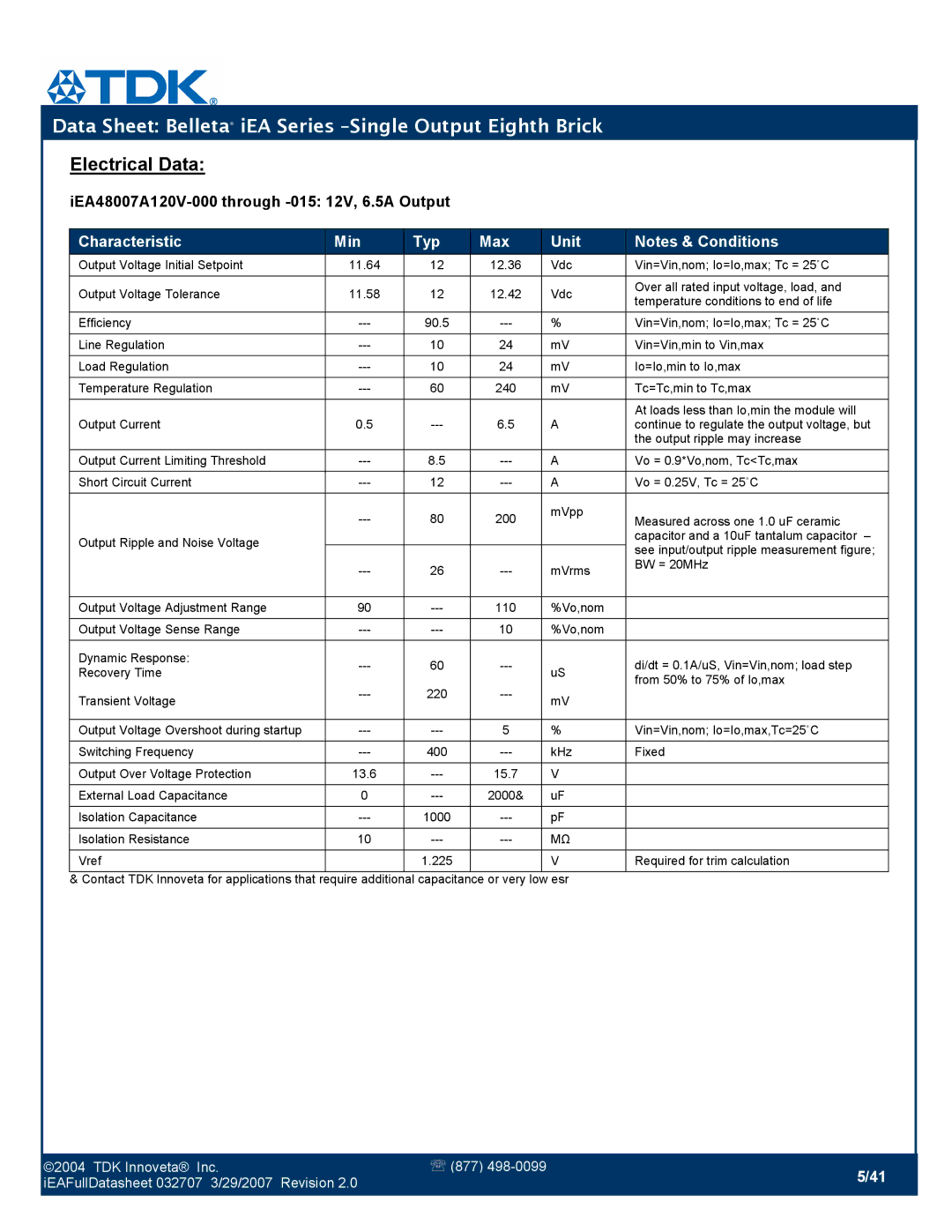 TDK iEA Series manual Electrical Data 