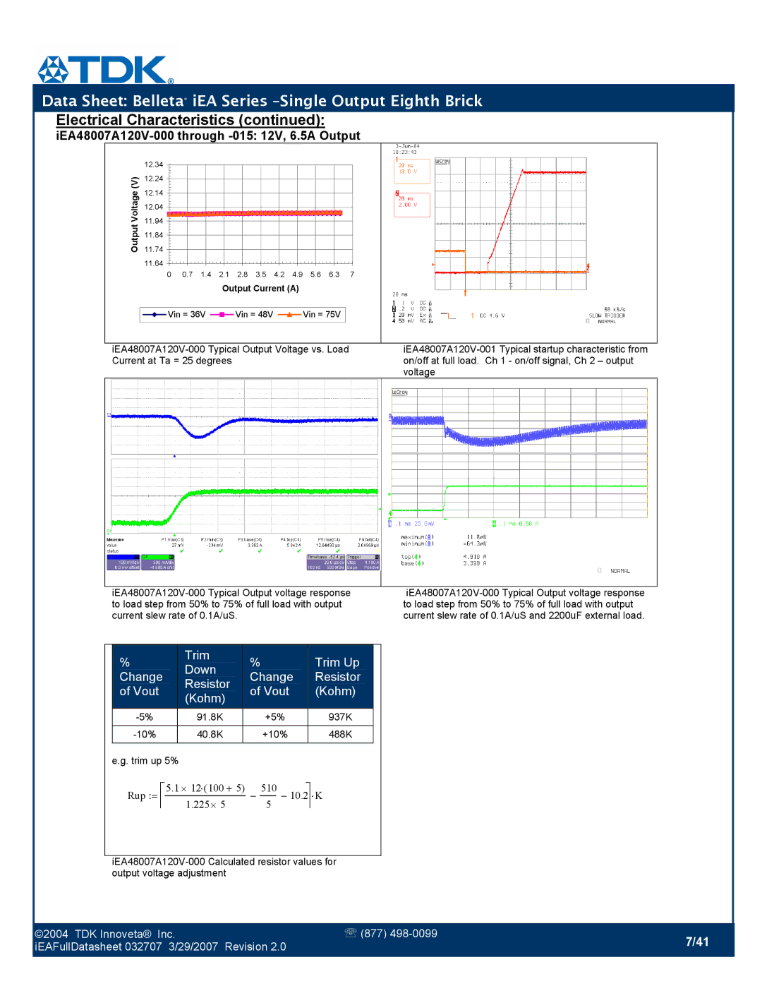 TDK iEA Series manual Trim Trim Up Down Change Resistor Vout Kohm 